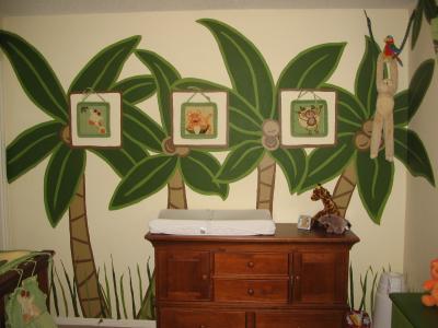 3D NURSERY WALLS PAINTED WITH PALM TREES, MONKEYS and COCONUTS