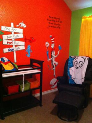 Dr Seuss baby room with blue, green, orange, yellow nursery wall paint