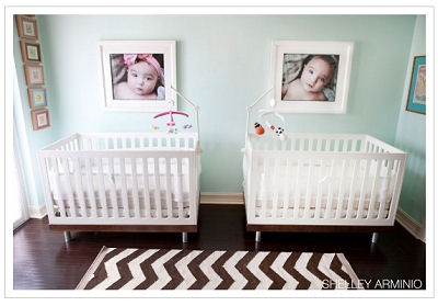 Cribs  Twin Babies on Oeuf Classic Cribs In Walnut In An Aqua Nursery Decorated For A Twin