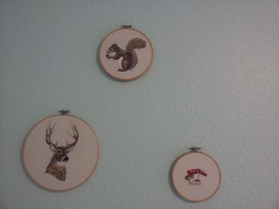 Vintage style forest creature nursery wall decorations hand embroidered by mom