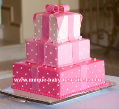 Pink Birthday Cake on Elegant Pink And White Polka Dot Three Layer Gift Box Baby Shower Cake