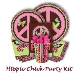 Pink,  Lime Green Brown and Aqua Blue Hippie Chick Birthday Party and Baby Shower Supplies, Tableware and Party Favors with Colorful Butterflies, Peace Signs, Baby Owl and Bird Theme Decorations