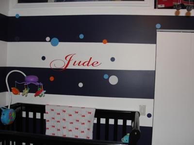 Jude's Blue Striped Beatles Themed Nursery w Black and White Painted Horizontal Stripes on the Walls