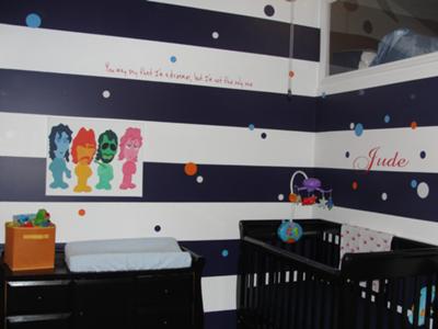 Jude's Blue Striped Beatles Theme Nursery w Black and White Painted Horizontal Stripes on the Walls