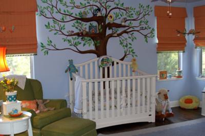  Girl Baby Blue and Orange Bird Themed Baby Nursery Tree Wall Mural