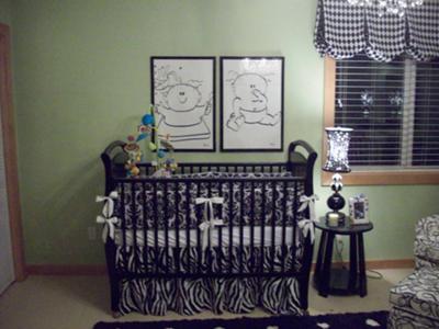 Black and White Nursery Ideas for Twins custom Sage Green Wall Paint color, Black and White Stripes, Polka Dots and a Harlequin Pattern Window Valance