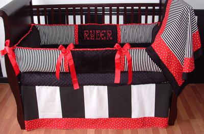 Custom black white and red baby crib bedding and nursery decor