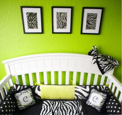 Carly's safari theme zebra print nursery bedding and wall decorations arrangement