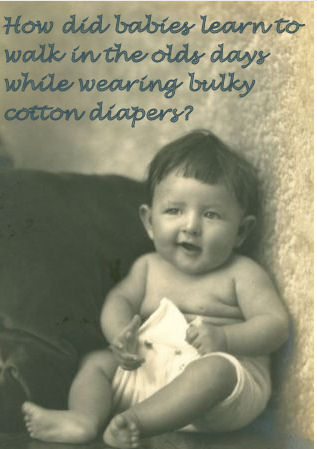 A baby wearing a bulky, old-fashioned cloth diaper.