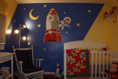 Curious George The Astronaut Nursery Wall Mural Hand Painted Art!  