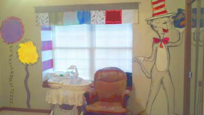 My baby boy's Dr Seuss theme nursery room with Lorax trees, Horton Hears a Who, I Am Sam, Cat in the Hat and Green Eggs and Ham