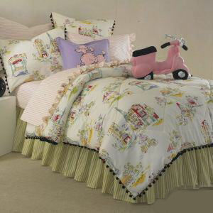 french bedding sets with eiffel tower print pom pom trim striped bedskirt 