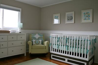 View of the baby's traditional/transitional nursery.  The colors are teal, aqua blue and avocado green.  