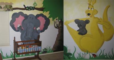 Jungle Animals Baby Nursery Wall Mural w a Mommy Kangaroo, an Elephant and even a friendly Snake in a Tree!