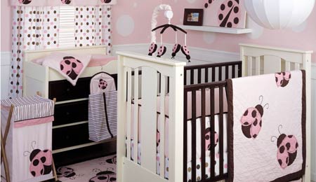 mod pink ladybug baby nursery crib bedding set chocolate brown pink 