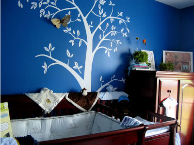 Navy Blue Lamb Baby Nursery Walls w Moth Tree Mural