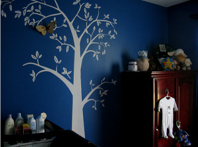 Three Dimensional (3D) Moth Tree Mural on a Midnight Blue Nursery Wall