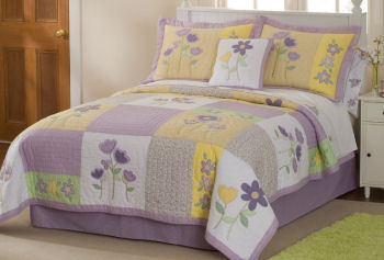 lavender and yellow lilac print bedding comforter patchwork quilt set