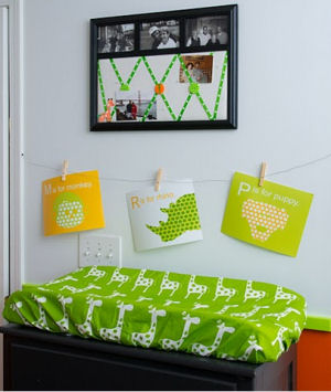 Our Baby's Changing Table w Lime Green and White Giraffe Print Fabric