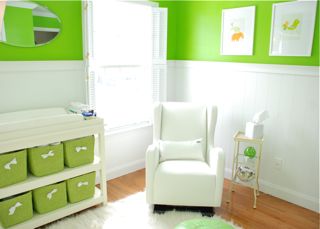 Lime Green and White Nursery Storage and Rocker Glider