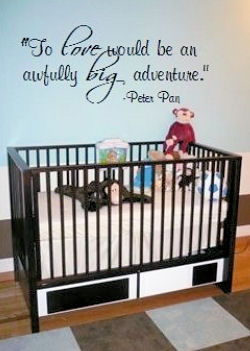 Our Baby Boy's Nursery.  We had a decal of our favorite Peter Pan quote custom made to decorate the wall behind the crib.  