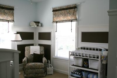 Custom Paisley Baby Nursery Design in Dark Chocolate Brown and Powder Blue with Paisley Window Valances and Wainscoting on the Walls