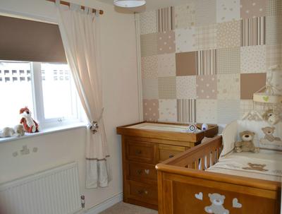 Unique Patchwork Wall Covering in a Neutral Teddy Bear Nursery Theme Room Design