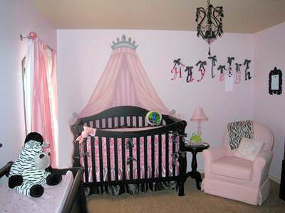 Elegant Pink and Black Princess Baby Girl Nursery w Zebra Print Decor, Crib Crown and Black Chandelier