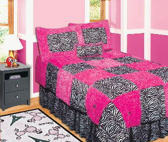 PINK and BLACK BEDDING ZEBRA and FAUX FUR QUILT COMFORTER SET