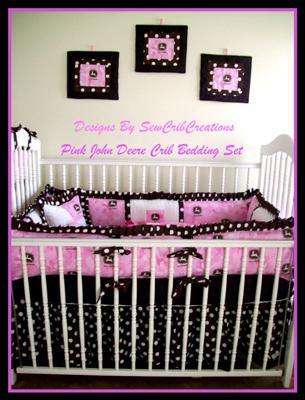 Custom made pink and brown John Deere crib bedding set for a baby girl nursery