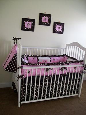 Custom made pink and brown John Deere baby crib bedding set for a girl