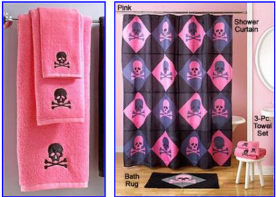 black pink and gray bathroom gothic skull crossbones towels shower curtain