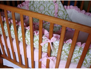  Pink  Green Baby Bedding on Pink And Green Damask Baby Crib Bedding Set White Minky Fabric