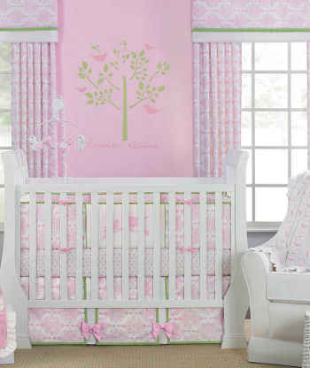 Pink and Sage Green Girls Baby Bedding