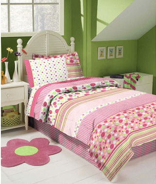 pink and green polka dot bedding set