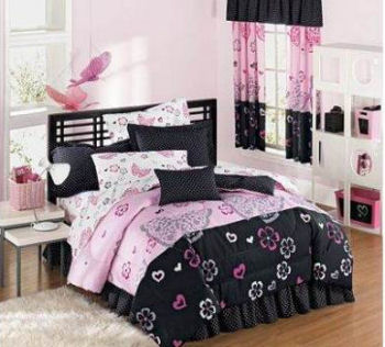 pink and black bedding set flowers hearts butterflies