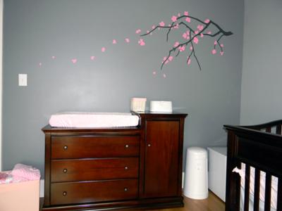 Gray Baby Nursery on Baby Changing Table In The Nursery With Cherry Blossom Wall Decal