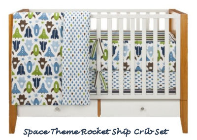 Modern Crib Bedding  Boys on Blue And Green Baby Boy Space Rocket Ship Nursery Crib Bedding Set