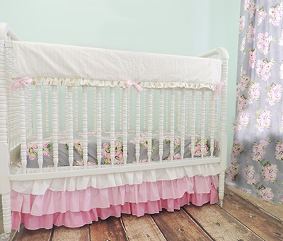 Vintage Inspired Rose Pattern Shabby Chic Baby Bedding Set in Grey Blue Pink Green Gold and Antique Cream with a Ruffled Crib Skirt - Shabby Chic Nursery Decor Ideas