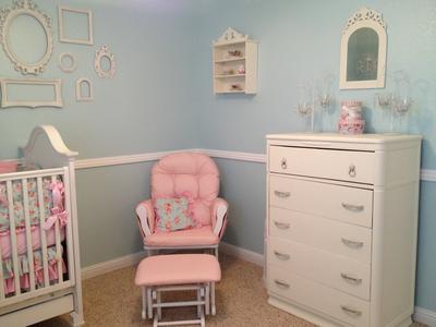 Pink Nursery Glider, baby dresser and Teacup wall shelf