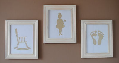 Create personalized nursery wall decor using your own Silhouette SD!<br><BR>This mom chose to frame a rocking chair, a fairytale ballerina and her baby's footprints in pink.  <BR><BR>The artwork looks amazing on the brown paint color of the nursery wall. 