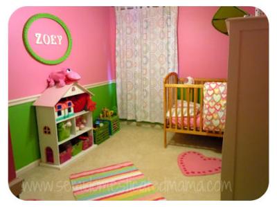 Pink and green baby nursery with crafts projects and wall painting ideas for a baby girl. 