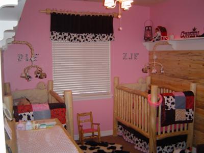 Pretty Pink Rustic Cowgirl Nursery for Twin Girls with Cow Print Crib Quilts and Baby Bedding