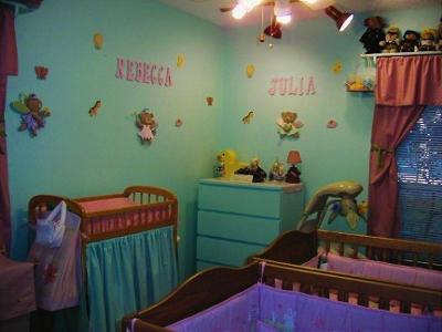 Cheap Furniture Stores Austin on Twin Girls Green And Purple Eclectic Nursery Theme