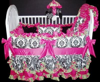 Elegant Black, White Damask Print and Hot Pink Custom Baby Bedding Set 