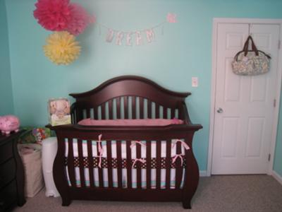 Crib wall of our baby girl's aqua owl themed nursery