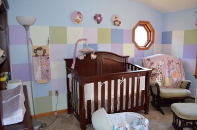 Color block wall painting technique.  A baby animal nursery ideas for a baby girl Including Shades of Lavender to complement the Cocalo Jacana bedding set