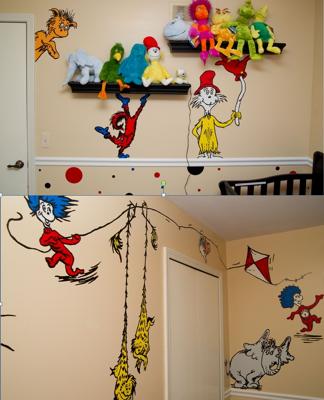 Black, floating wall shelves displaying my collection of plush Dr. Seuss toys.   