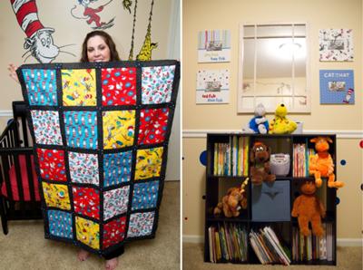 Full view of the baby's Dr Seuss crib quilt made by mommy!  