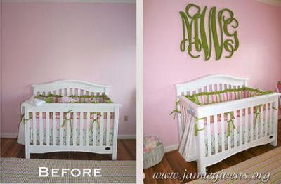 Beautifully designed large wooden wall letters in a baby girl's nursery designed by Murals & Things by Jamie
